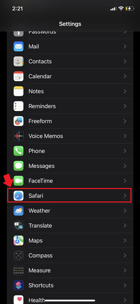 Select Safari on iPhone Settings