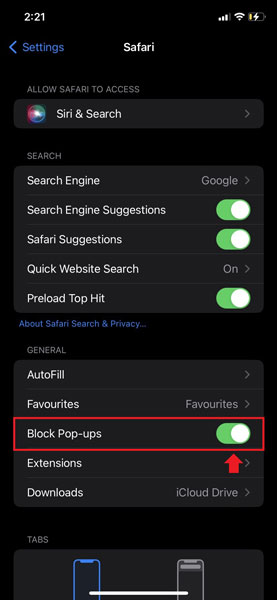 Safari iPhone Block Pop-ups Toggle Button