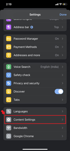 iPhone Chrome Content Settings