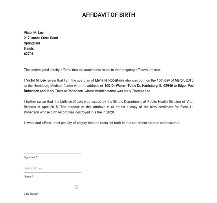 Affidavit of Birth