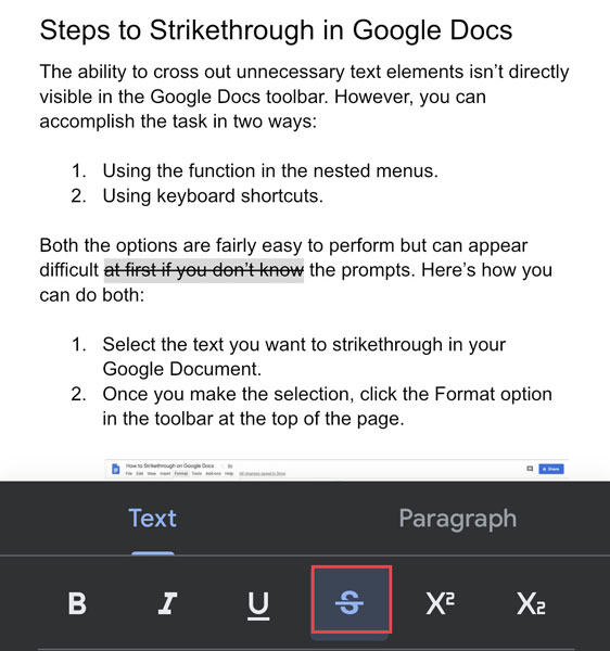 Strikethrough Option in Text Tab in Google Doc App