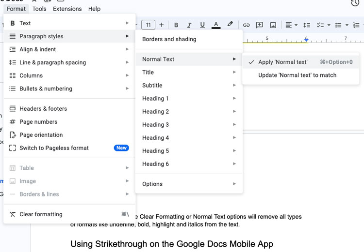 Normal Text Option Under Paragraph and Styles Option in Format Tab in Google Doc