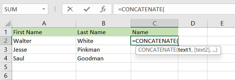 MS Excel CONCATENATE Formula