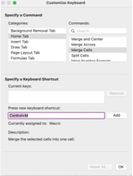 Customizing Keyboard in MS Excel in Mac