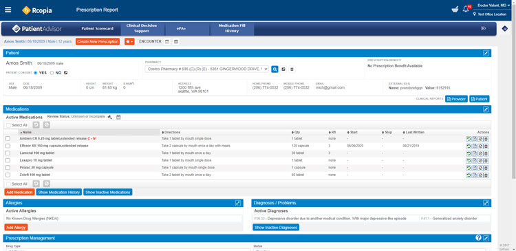 Rcopia patient prescription report showing medications, allergies, and diagnoses