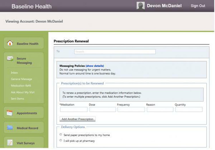 Baseline Health Prescription renewal form with delivery options and secure messaging panel