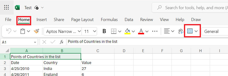 Merge and Center Cell Option in MS Excel Office 365