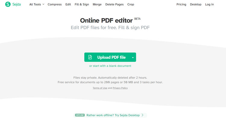 Sejda PDF Editor Home Page