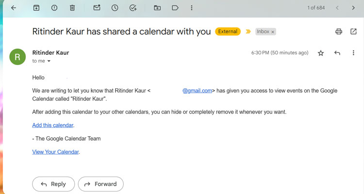 A notification email regarding the sharing of a Google Calendar