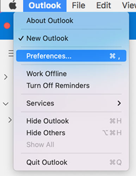 Outlook Preferences Settings in macOS