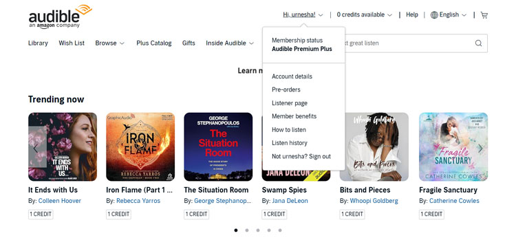 Audible homepage showing trending audiobooks and user menu options