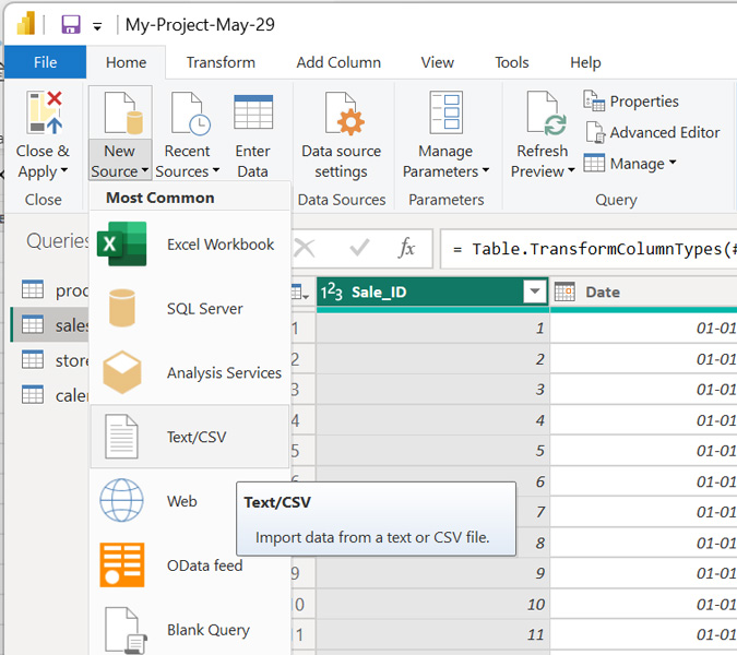 Power BI interface showing options to import data from various sources, highlighting Text/CSV