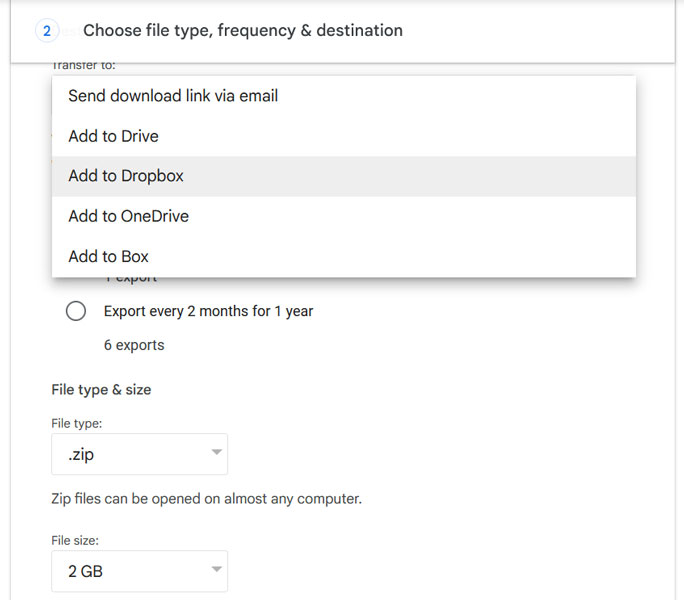 Options for exporting data, including sending a download link, adding to Drive, Dropbox, OneDrive, or Box. File type is set to .zip, and file size is 2 GB