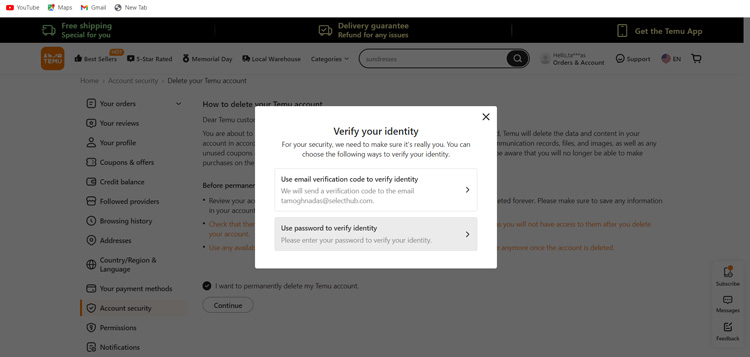 User Authentication for Deleting Temu Account