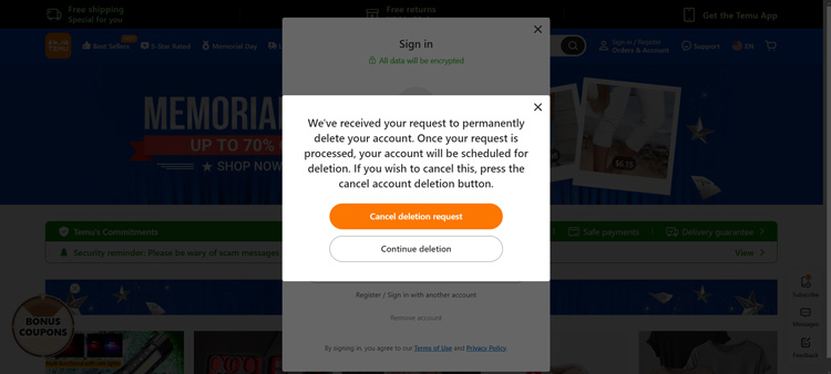 Confirm Temu Account Deletion Request