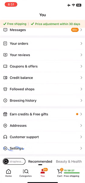 Temu user account screen with various options like orders, reviews, and settings.