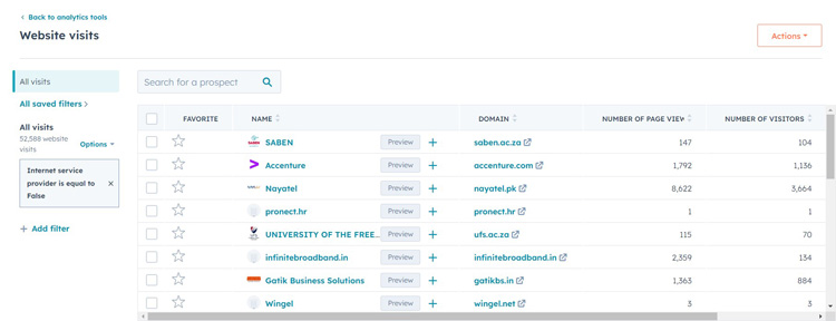 HubSpot CRM showing website visitor data and domain names