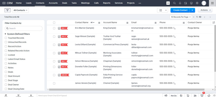 Zoho CRM showing contact records and account details