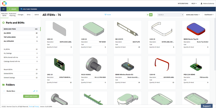 Dashboard displaying a list of parts and BOMs with 3D models in OpenBOM