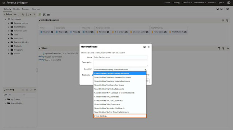 Oracle Analytics dashboard creation window displaying options to select location for a new 'Sales Performance' dashboard in a reporting tool