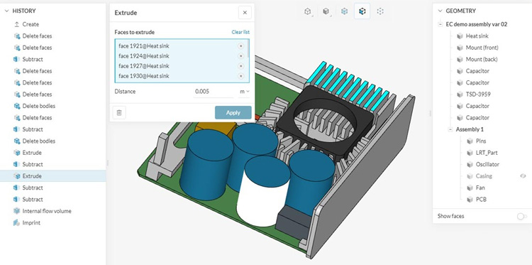 3D model of electronic component assembly with extrusion tool in SimScale