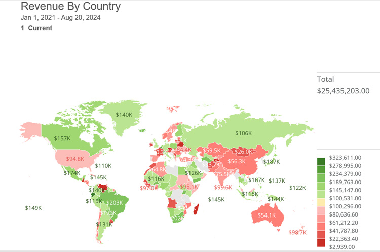 World map displaying revenue by country, color-coded by amount generated in Domo