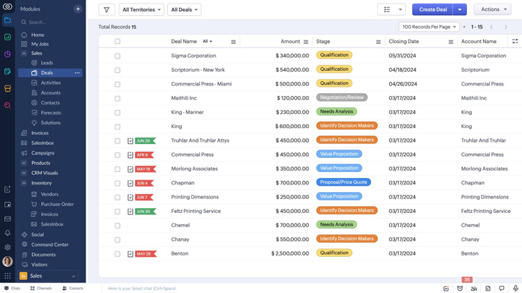 Deals dashboard with records showing deal names, amounts, stages, and closing dates in Zoho CRM