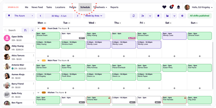 Weekly area-based scheduling dashboard with employee shift in Deputy