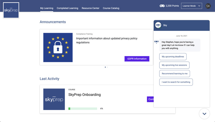 Skyprep dashboard with announcements and AI chatbot support.