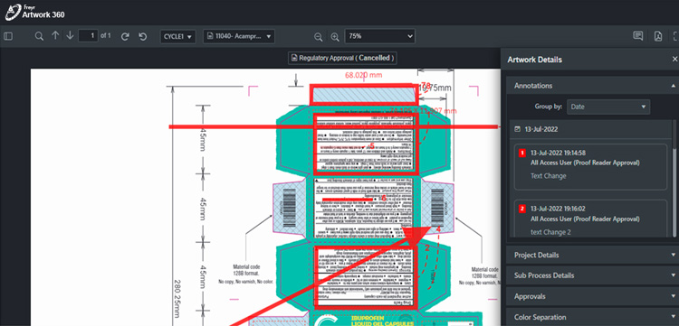 Artwork 360 interface displaying packaging design annotations