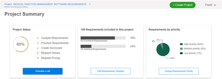 Project summary for medical practice management software requirements in SelectHub's Express App