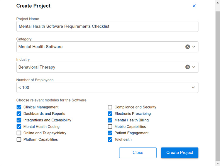 Create project form for mental health software requirements checklist in SelectHub Express App