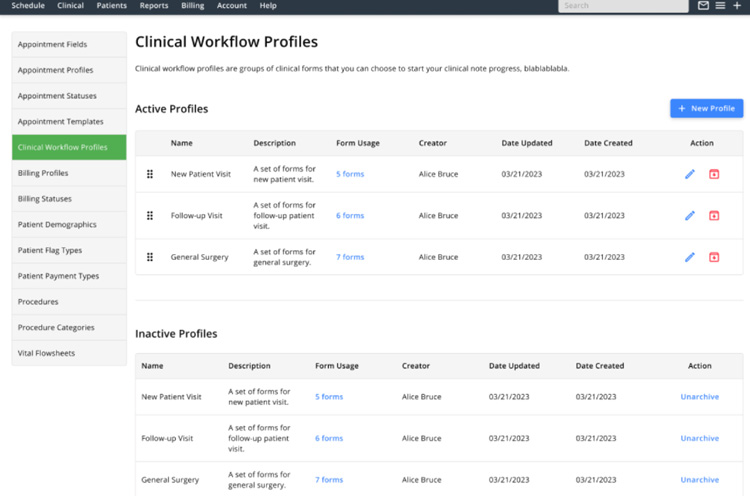 drChrono clinical workflow profiles page showing active and inactive form sets