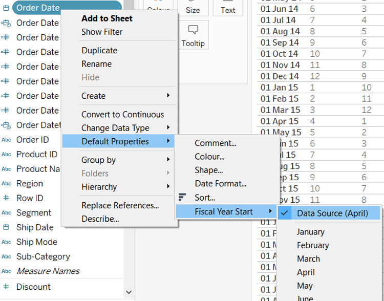 Tableau interface showing options to set fiscal year start for data