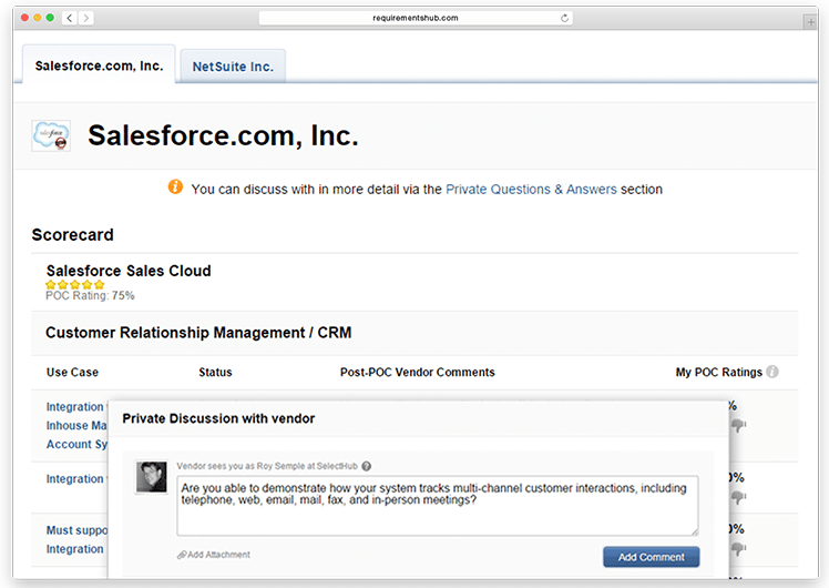 Review your RFP with vendors, request demos and discuss pricing with SelectHub