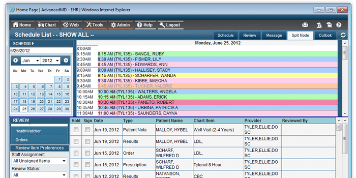 AdvancedMD's color-coded scheduling system