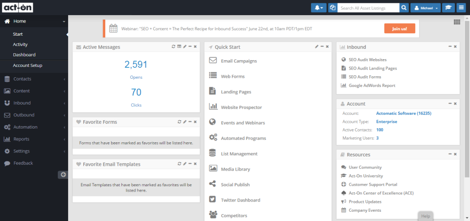 Act-On marketing automation dashboard