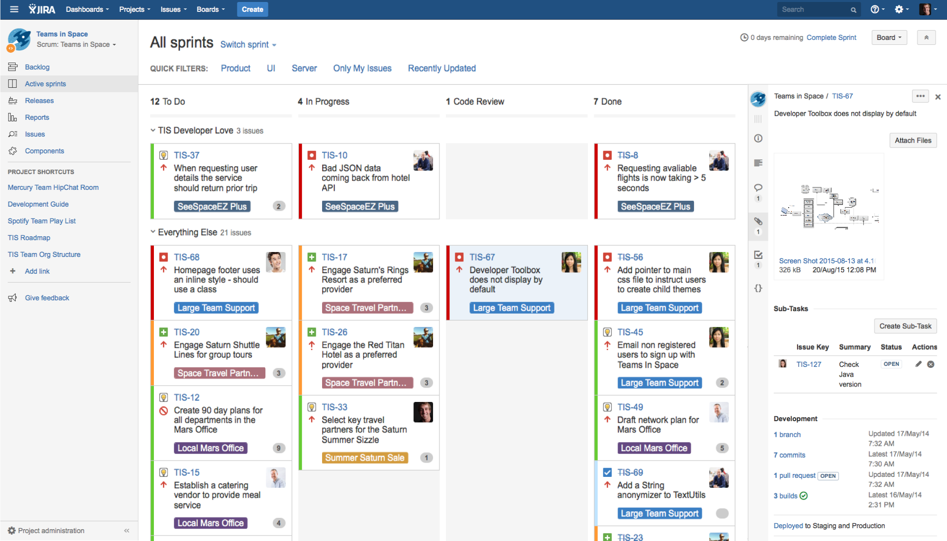 Jira sprint board displaying tasks across different stages: To Do, In Progress, Code Review, and Done