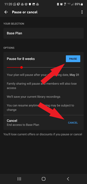 Choose whether to pause or cancel your subscription