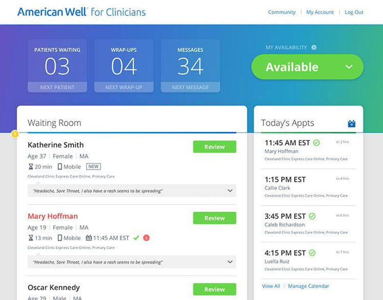 Manage patients in virtual waiting rooms and view daily appointments in Amwell