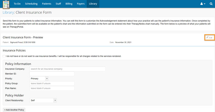 Patient Insurance Form Example