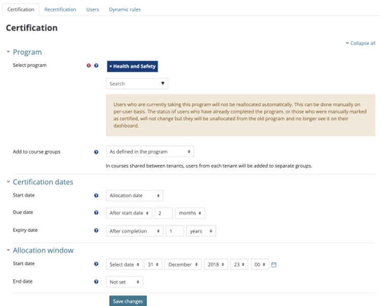 Track requirements for workplace programs in Moodle