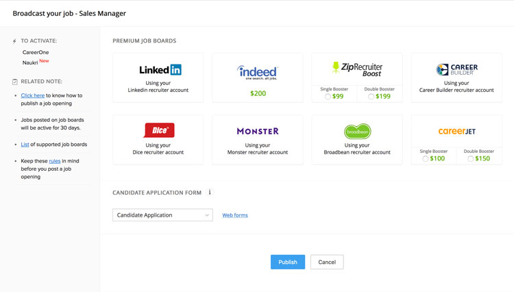 Posting jobs across job posting platforms using Zoho