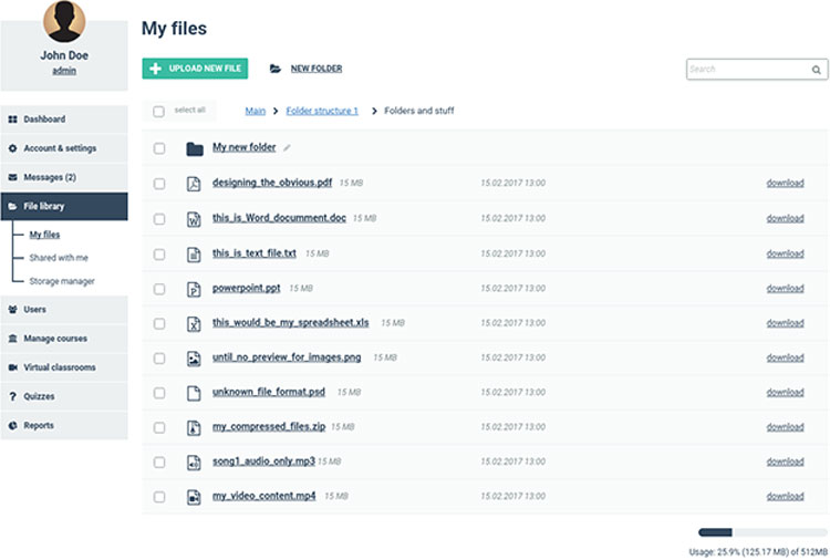 Vedamo LMS file library interface showing various uploaded files and folders