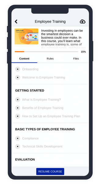 TalentLMS mobile app showing employee training course with progress bar