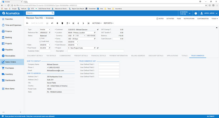 Acumatica Sales Order Module