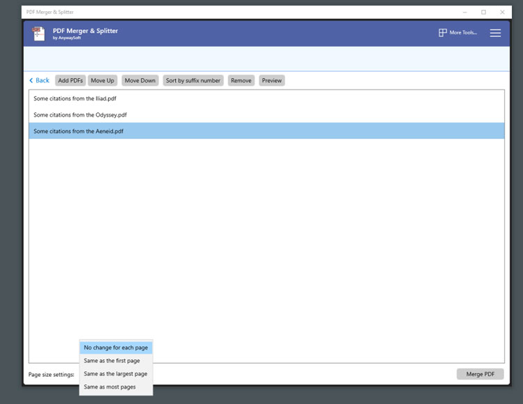 Managing page order in PDF Merger and Splitter 1