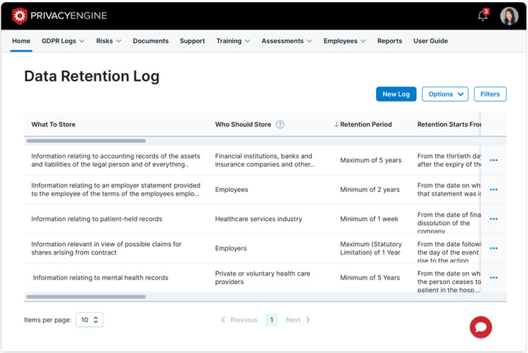 Privacy Engines Data Retention Log