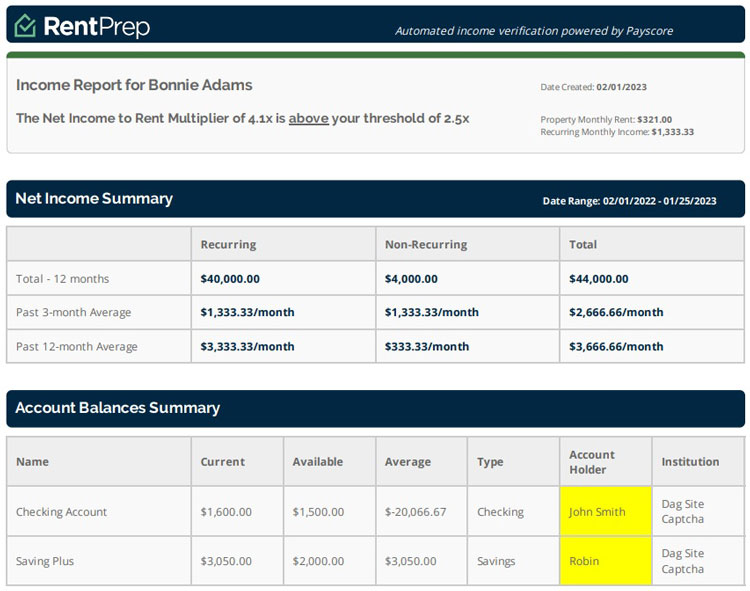 Tenant's Income and Finanical Health Report with RentPrep