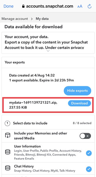 Data Backup Download in Snapchat